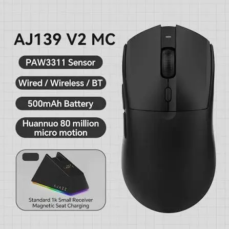 Ajazz AJ139 V2 MC Tri-Mode Wireless Gaming Mouse with Charging Dock-BLACK